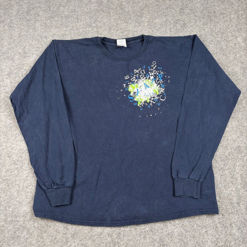 Y2K Paint Splatter Long Sleeve Shirt Mens XL Navy Blue Graphic Alphabet Print